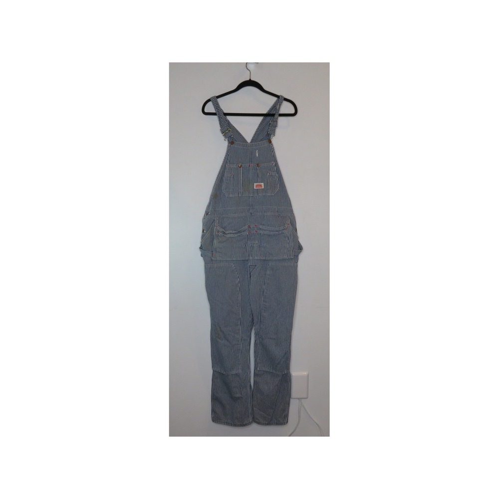 Vintage Round House Bib Overalls 38x32 Blue White Striped Straight Leg Outdoor